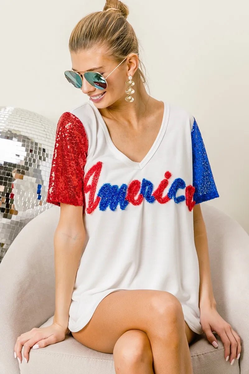 BiBi - America Sequin Sleeve V - Neck Tee in Red, White & Blue