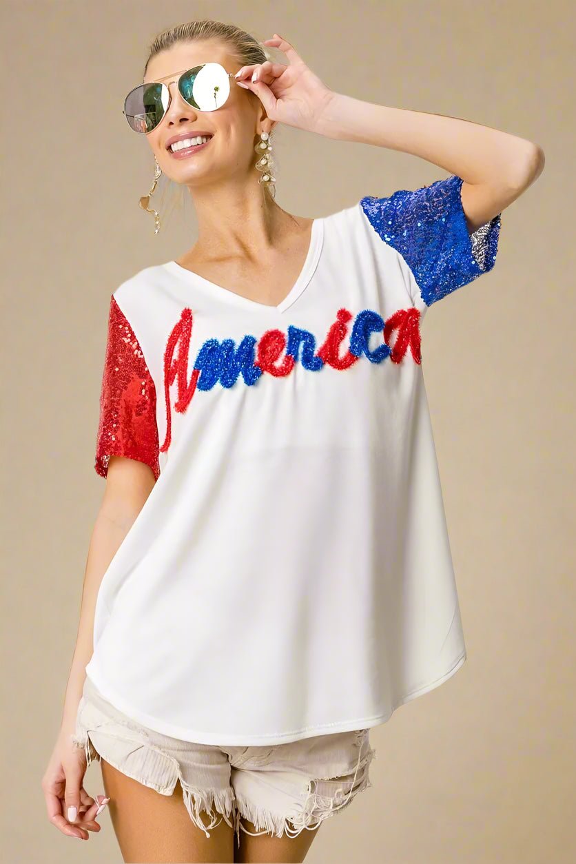 BiBi - America Sequin Sleeve V - Neck Tee in Red, White & Blue
