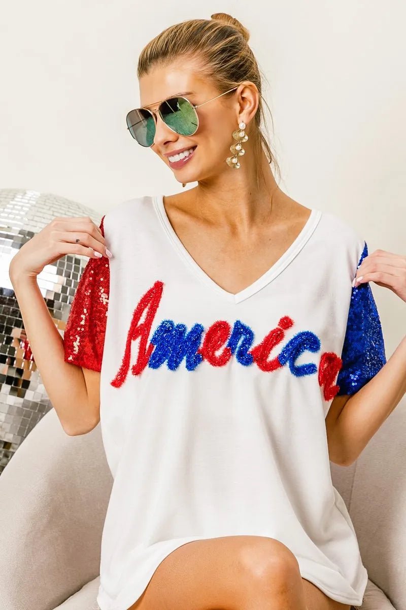 BiBi - America Sequin Sleeve V - Neck Tee in Red, White & Blue