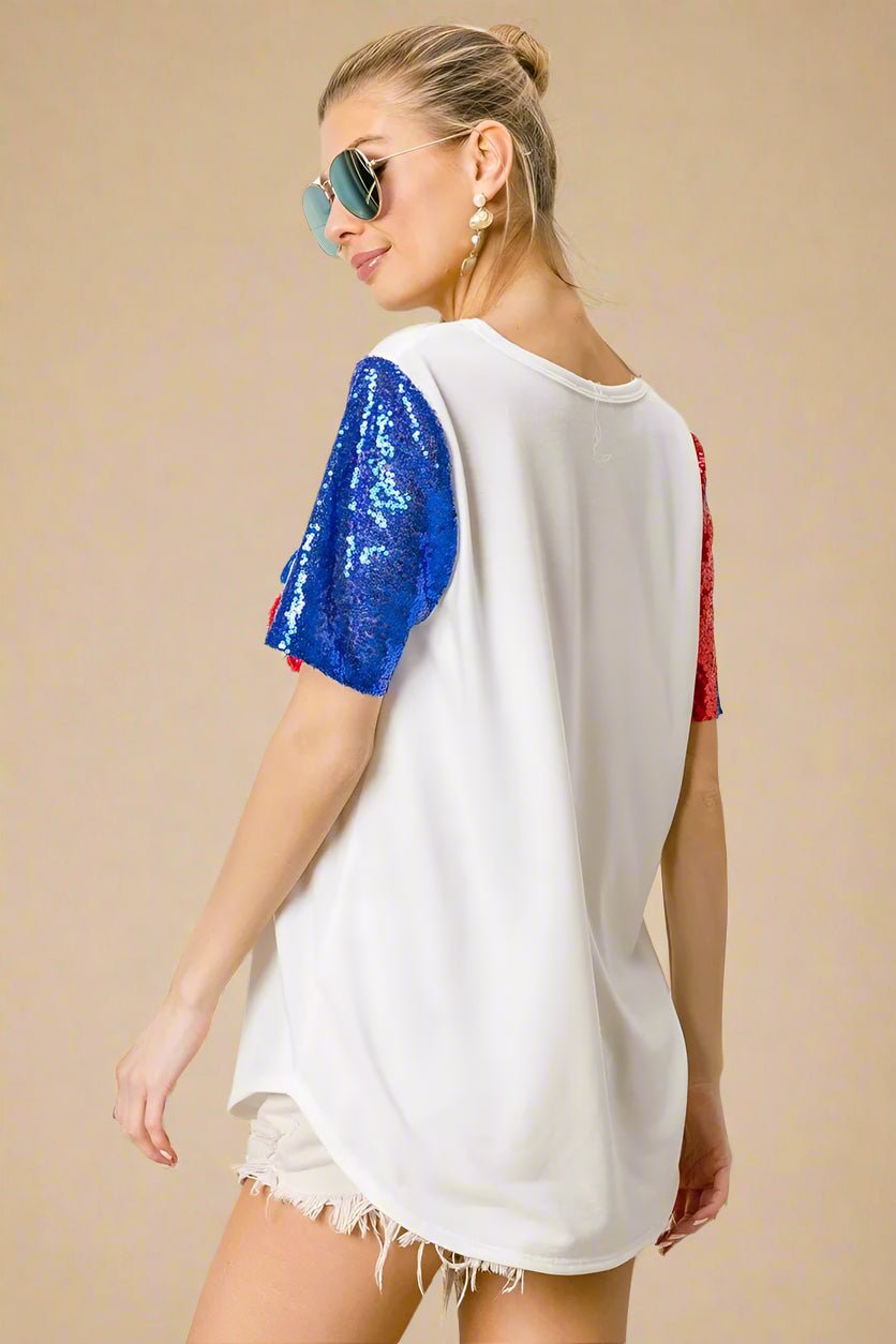 BiBi - America Sequin Sleeve V - Neck Tee in Red, White & Blue