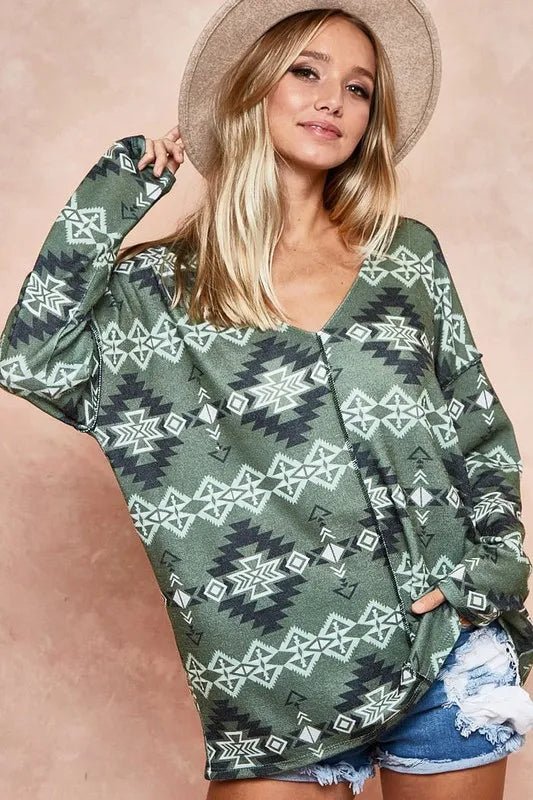 BiBi - Aztec Print V - Neck Pullover – Olive Moss & Charcoal
