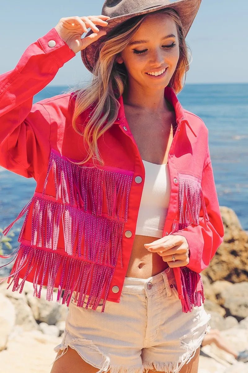 BiBi - Beaded Fringe Cropped Jacket in Hot Pink & Fuchsia