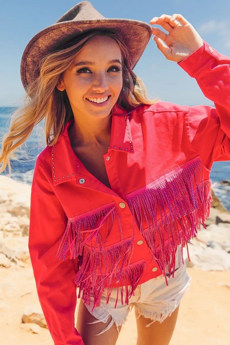 BiBi - Beaded Fringe Cropped Jacket in Hot Pink & Fuchsia