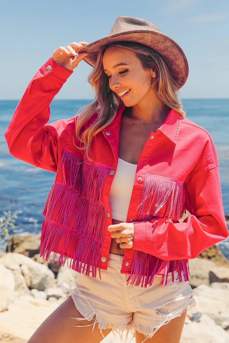 BiBi - Beaded Fringe Cropped Jacket in Hot Pink & Fuchsia