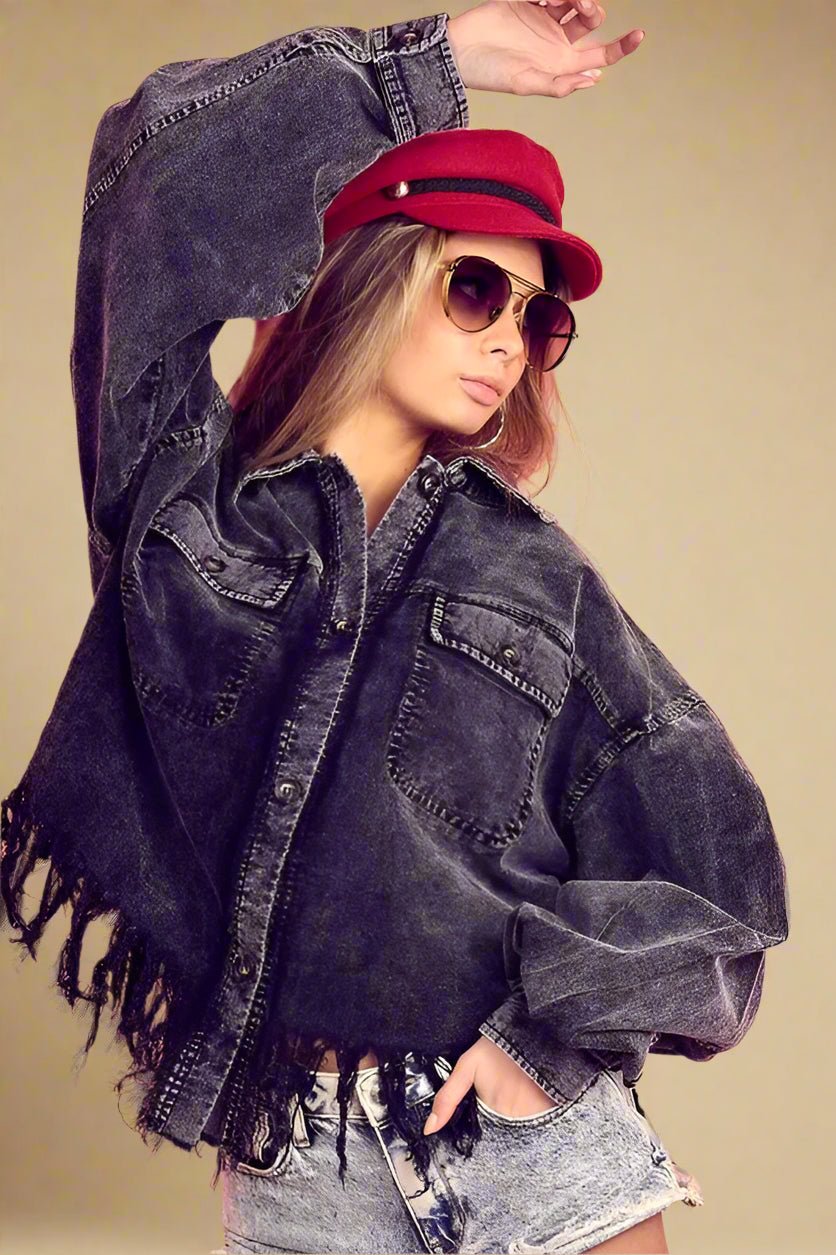 BiBi - Black Acid Wash Fringed Denim Shacket