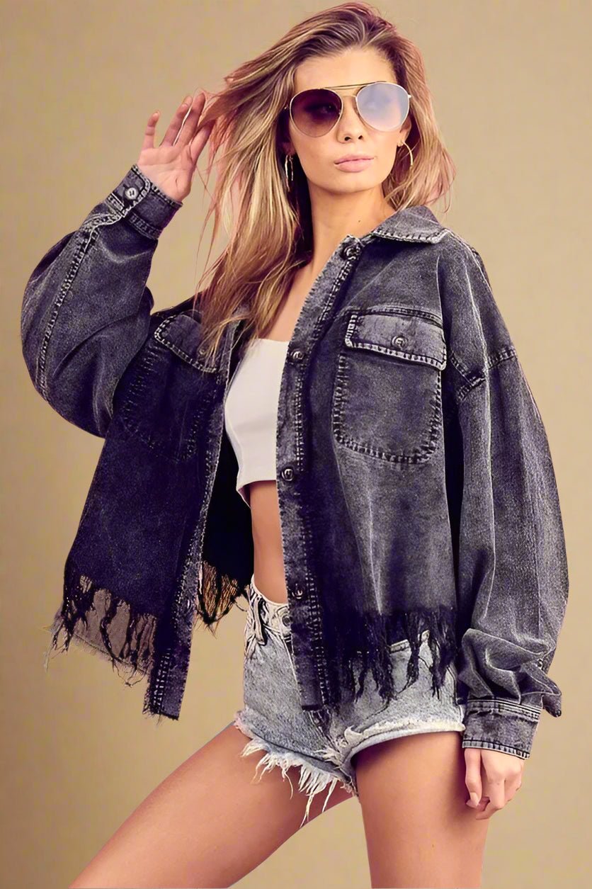 BiBi - Black Acid Wash Fringed Denim Shacket