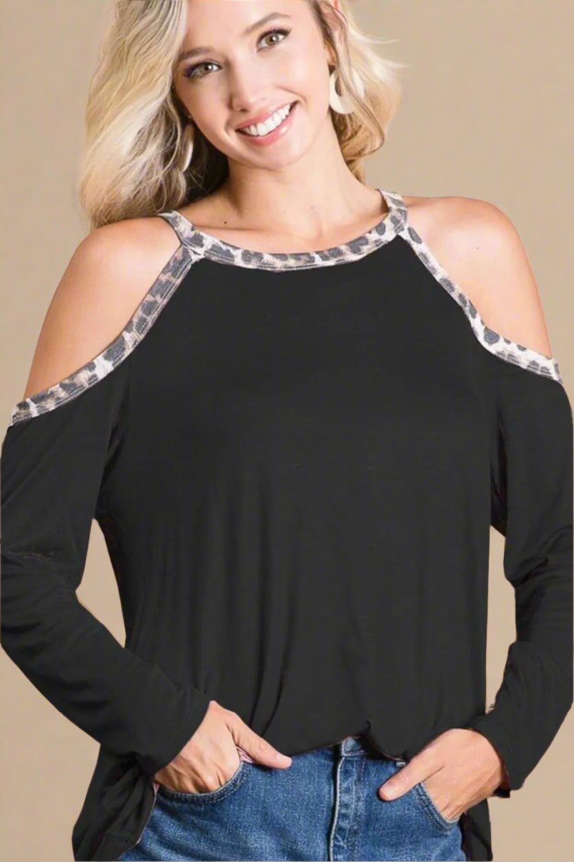 BiBi - Black Cold Shoulder Top with Leopard Trim