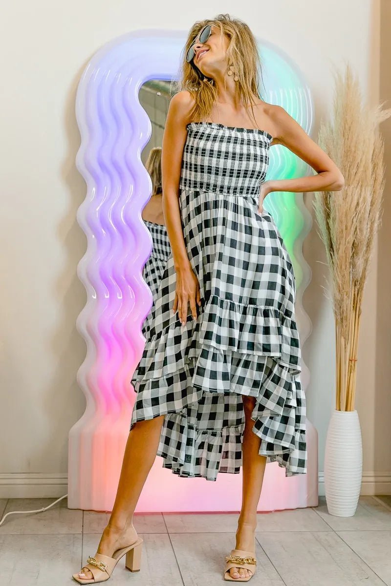 BiBi - Black Gingham Smocked Strapless High - Low Midi Dress