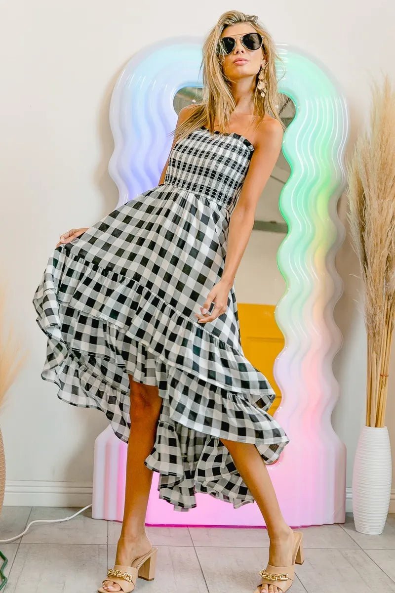 BiBi - Black Gingham Smocked Strapless High - Low Midi Dress