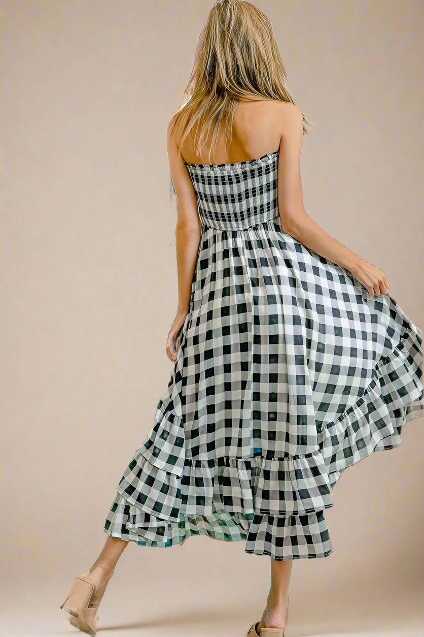 BiBi - Black Gingham Smocked Strapless High - Low Midi Dress