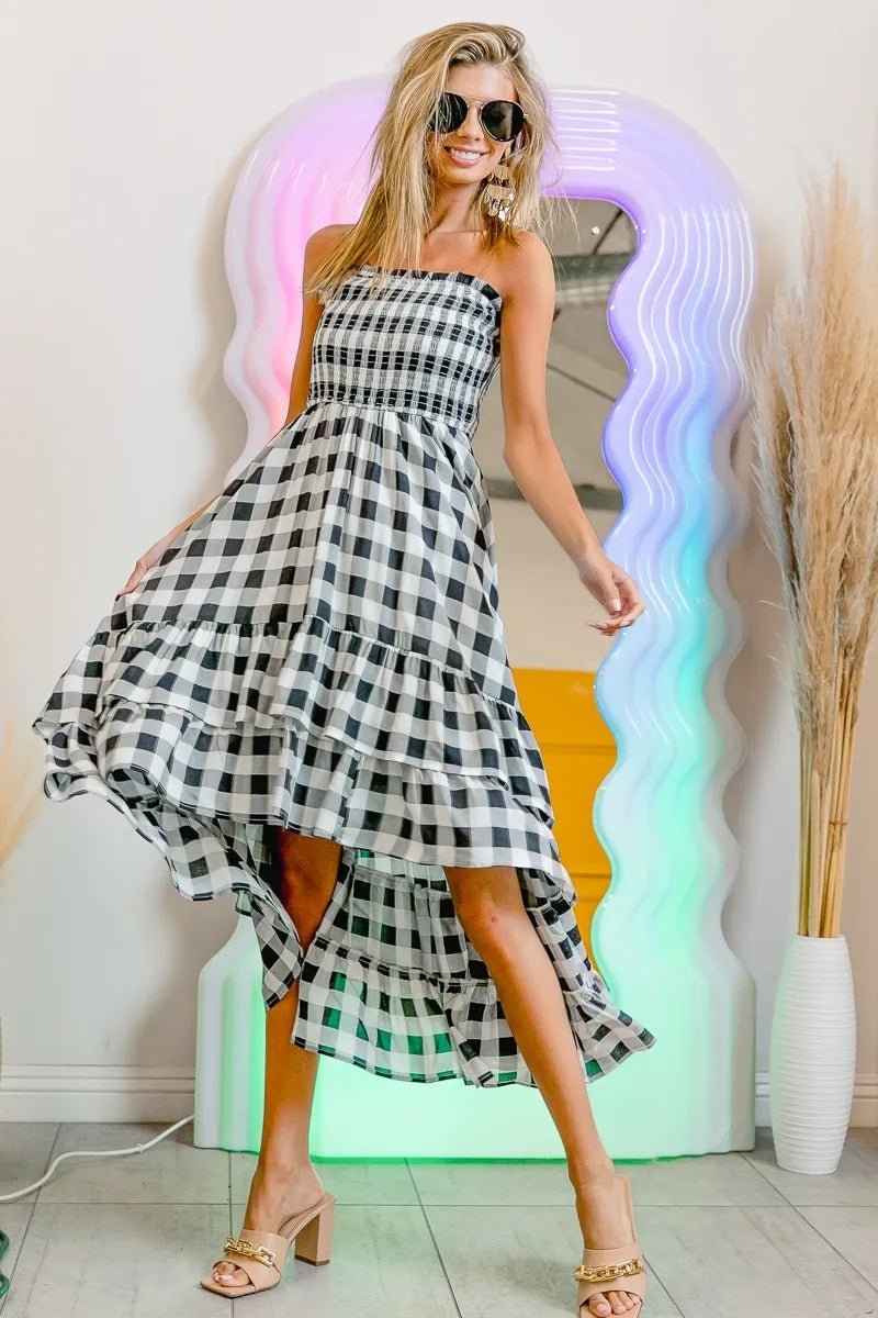 BiBi - Black Gingham Smocked Strapless High - Low Midi Dress