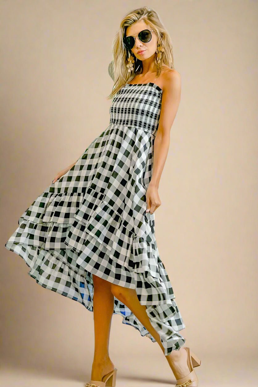 BiBi - Black Gingham Smocked Strapless High - Low Midi Dress