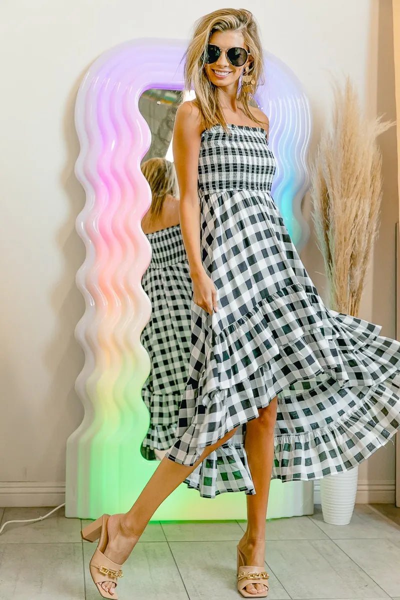 BiBi - Black Gingham Smocked Strapless High - Low Midi Dress
