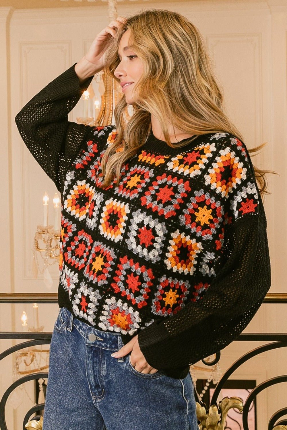 BiBi - Black Multicolor Granny Square Long Sleeve Top