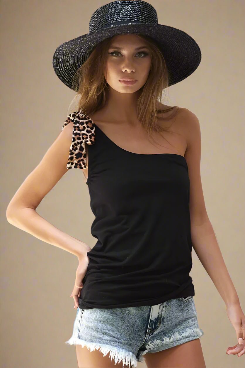 BiBi - Black One - Shoulder Top with Leopard Bow Strap