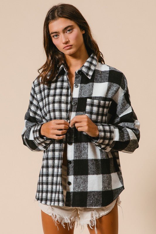 BiBi - Black Plaid Button Down Long Sleeve Fleece Shirt