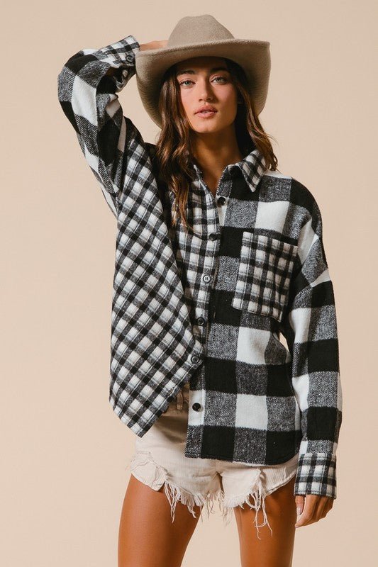 BiBi - Black Plaid Button Down Long Sleeve Fleece Shirt