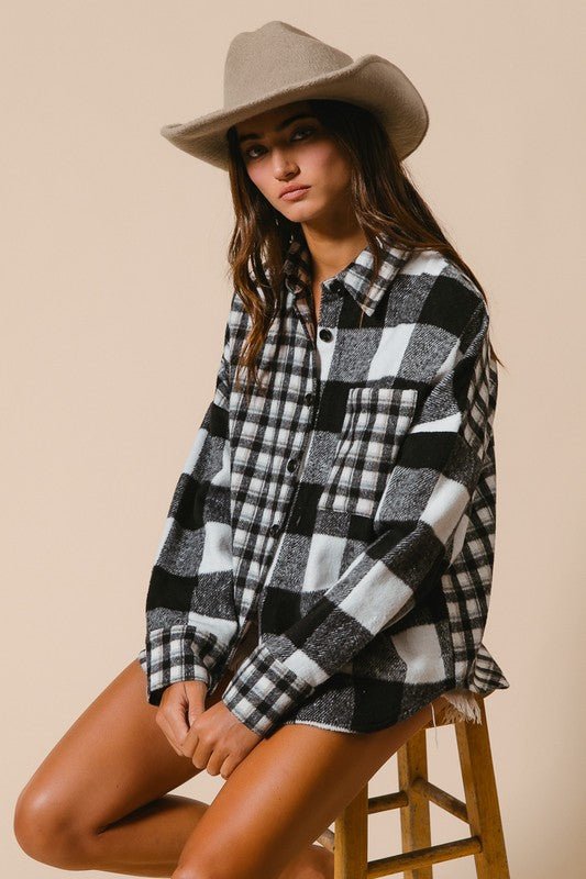 BiBi - Black Plaid Button Down Long Sleeve Fleece Shirt