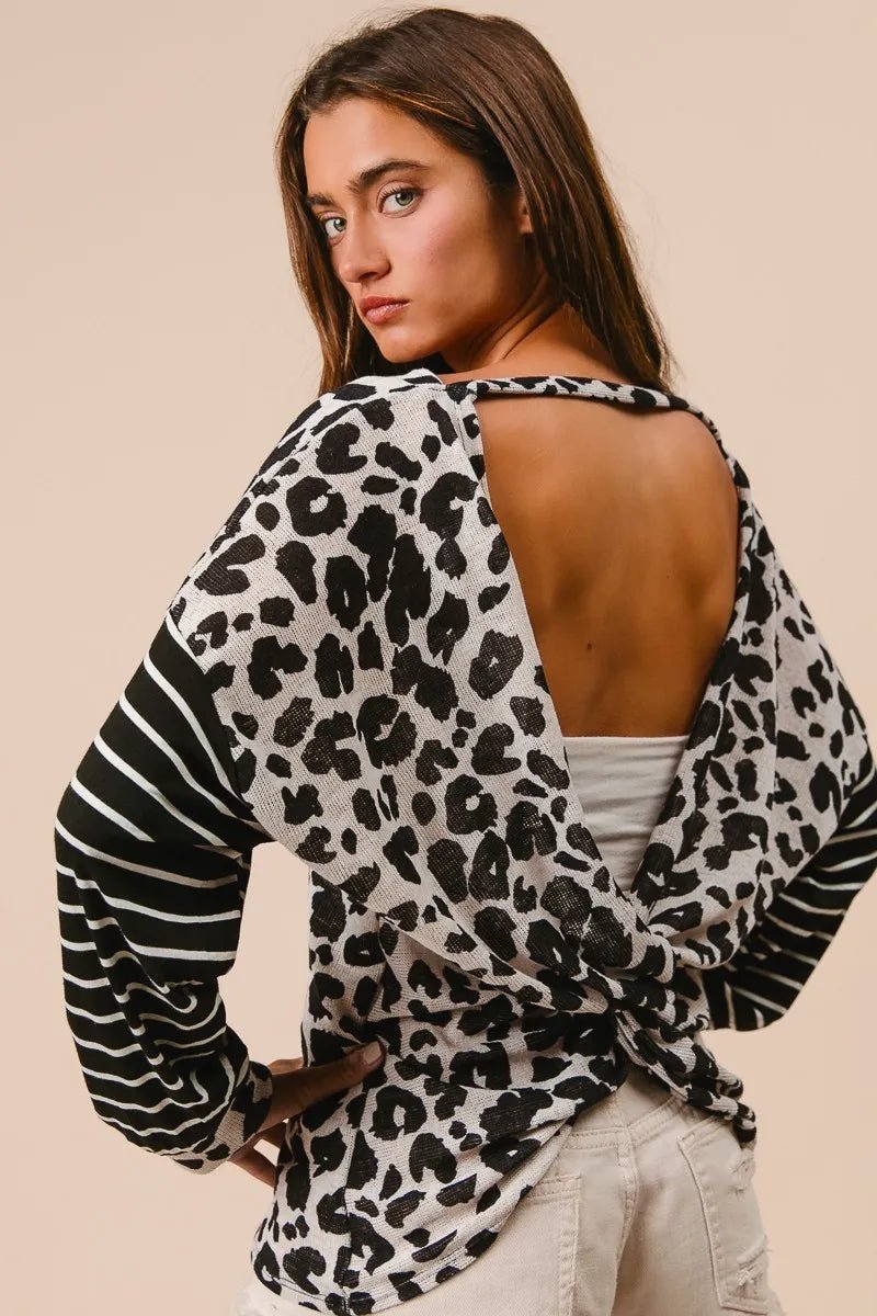 BiBi - Black & White Leopard Stripe Twist Back Top