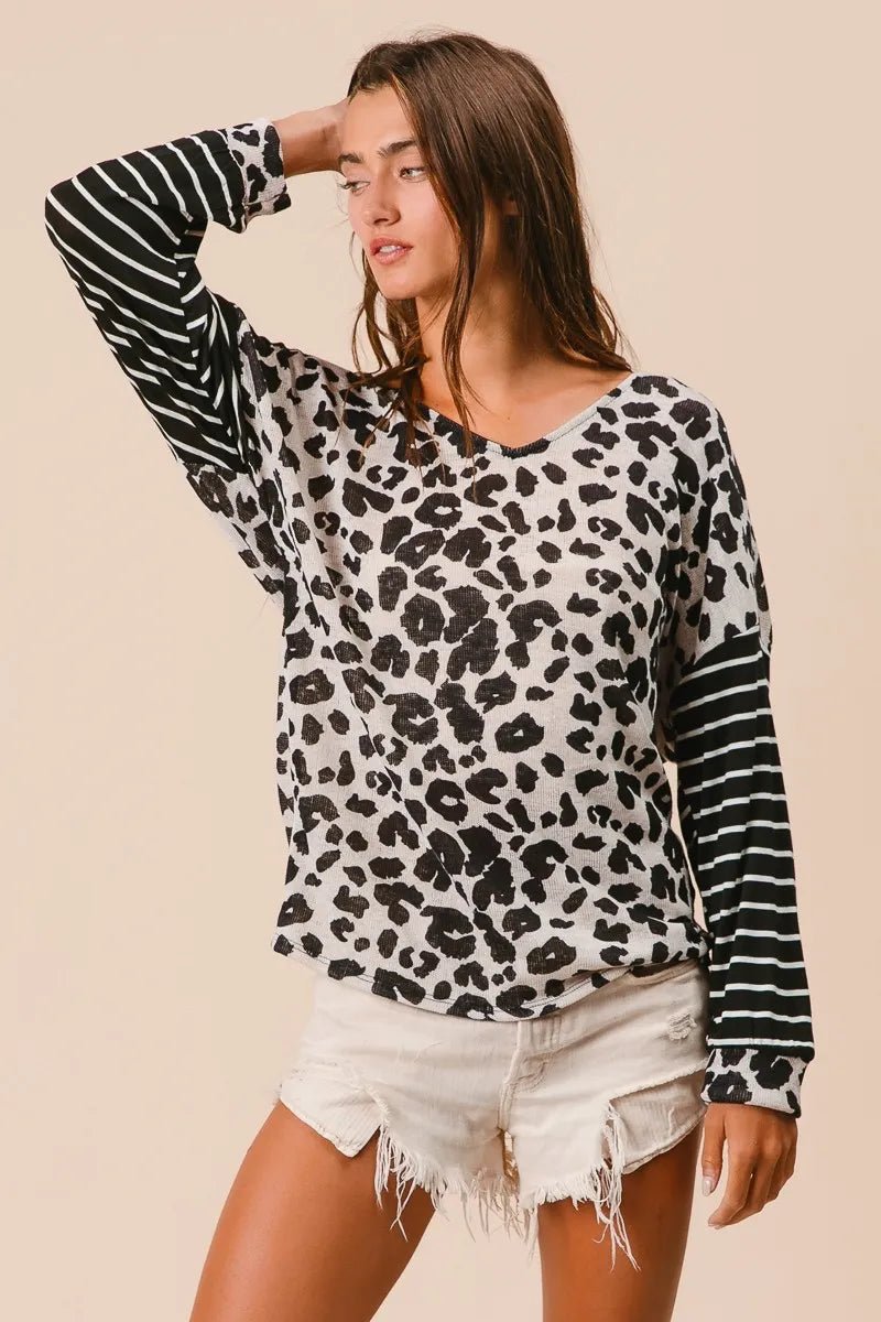 BiBi - Black & White Leopard Stripe Twist Back Top