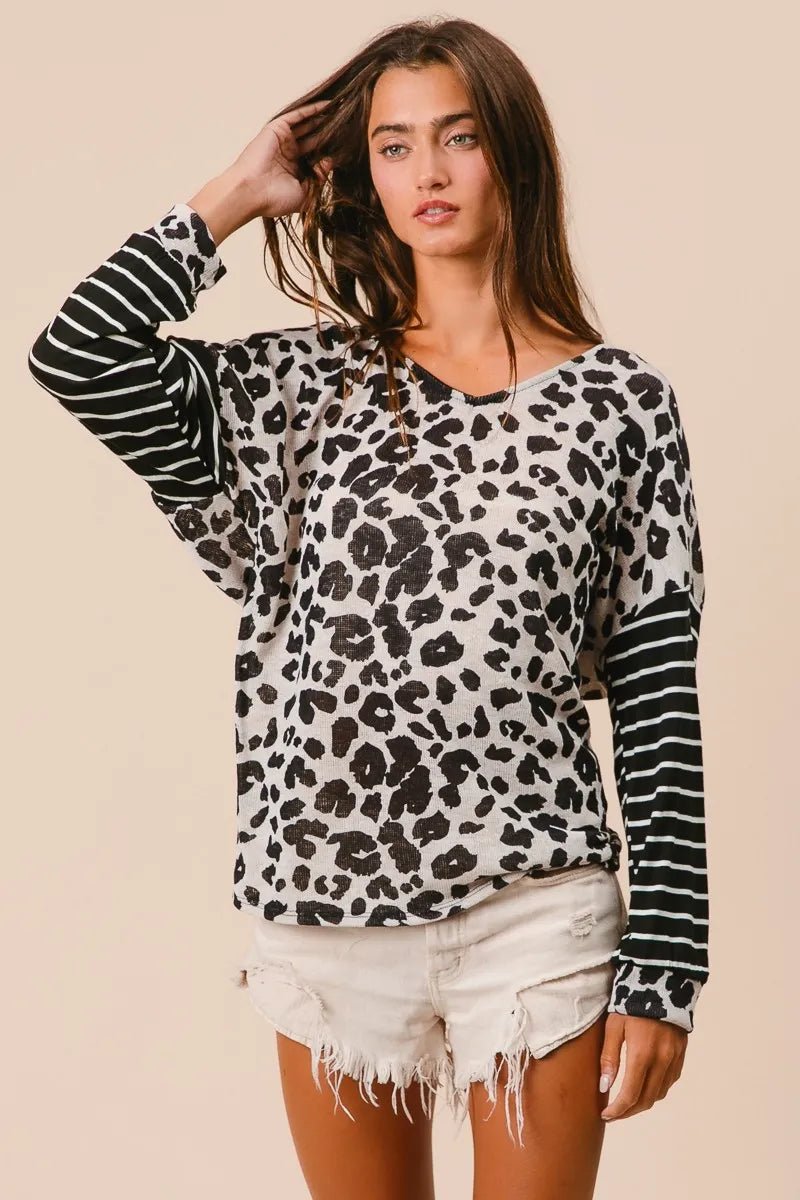 BiBi - Black & White Leopard Stripe Twist Back Top