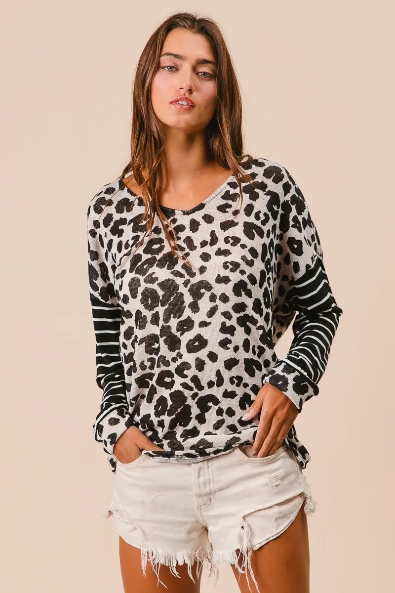 BiBi - Black & White Leopard Stripe Twist Back Top