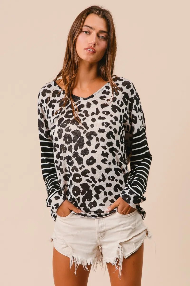 BiBi - Black & White Leopard Stripe Twist Back Top