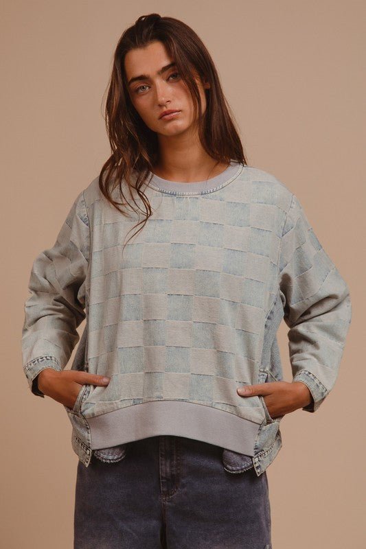 BiBi - Blue Mineral Wash Checkered Denim Top