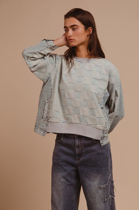 BiBi - Blue Mineral Wash Checkered Denim Top