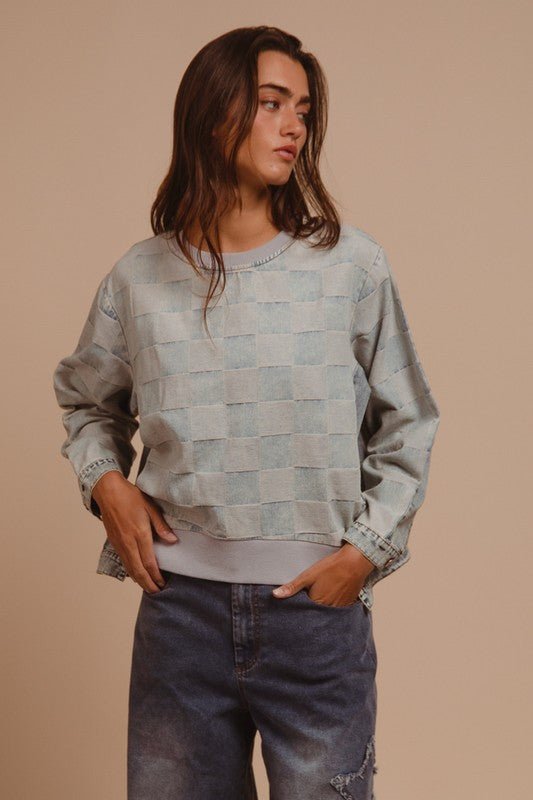 BiBi - Blue Mineral Wash Checkered Denim Top