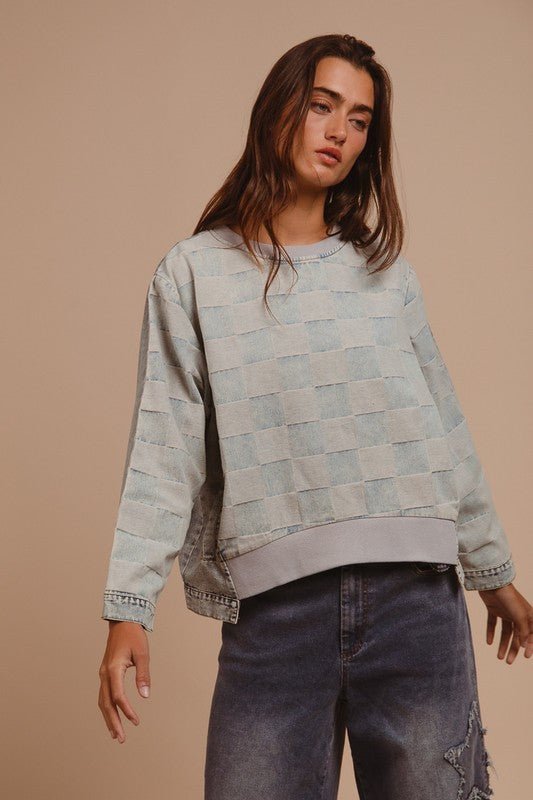 BiBi - Blue Mineral Wash Checkered Denim Top