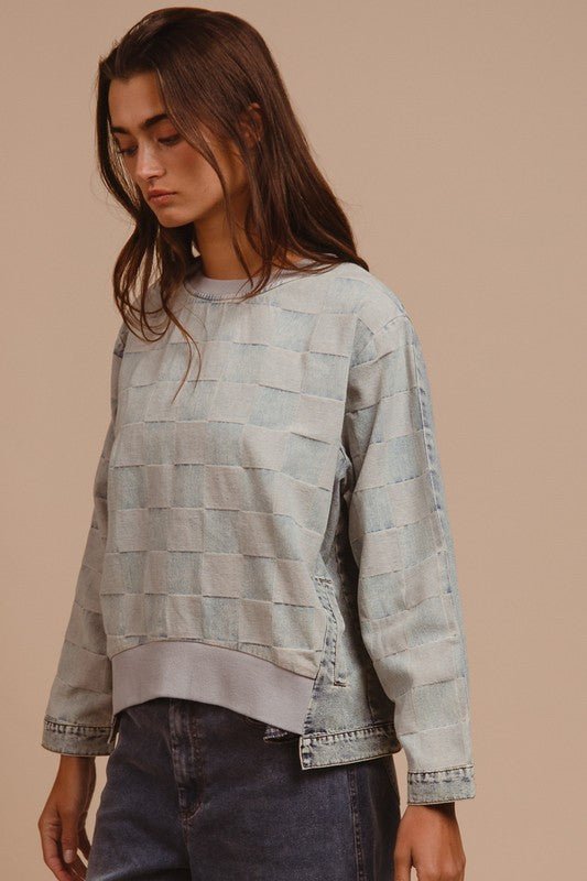 BiBi - Blue Mineral Wash Checkered Denim Top