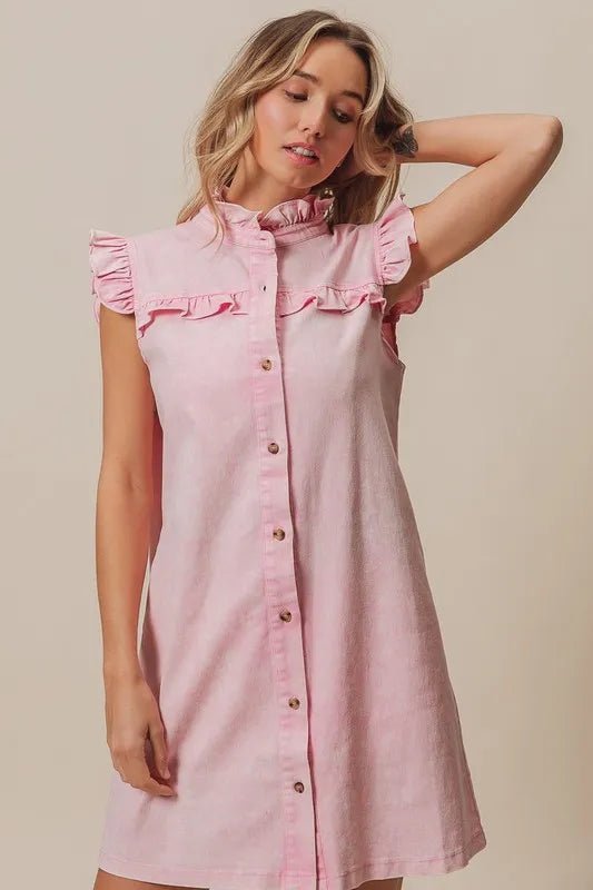 BiBi - Blush Denim Ruffle Button - Down Mini Dress