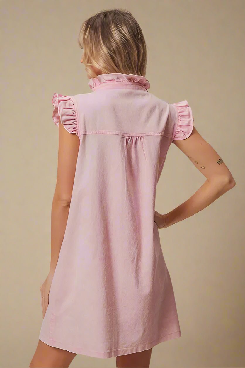 BiBi - Blush Denim Ruffle Button - Down Mini Dress