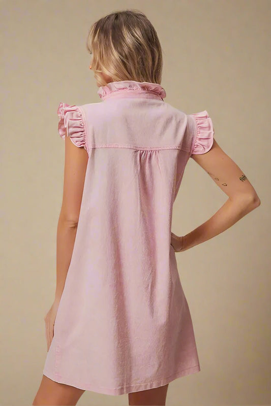 BiBi - Blush Denim Ruffle Button - Down Mini Dress