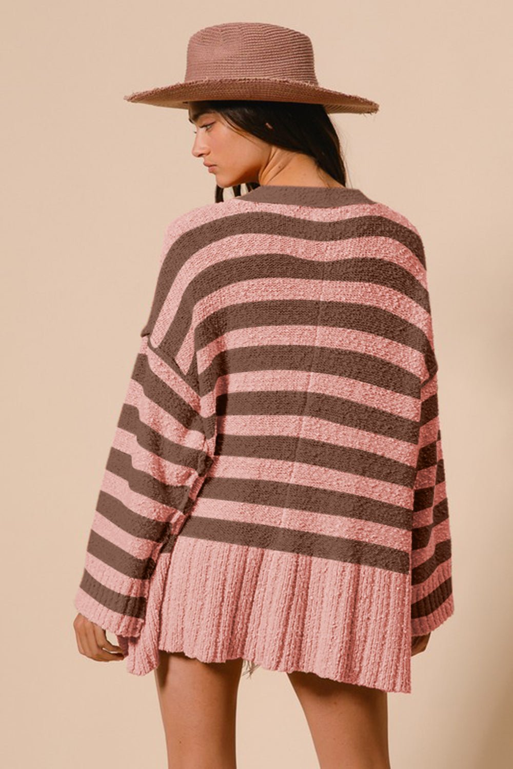 BiBi - Blush Pink Striped Button Up Oversized Cardigan