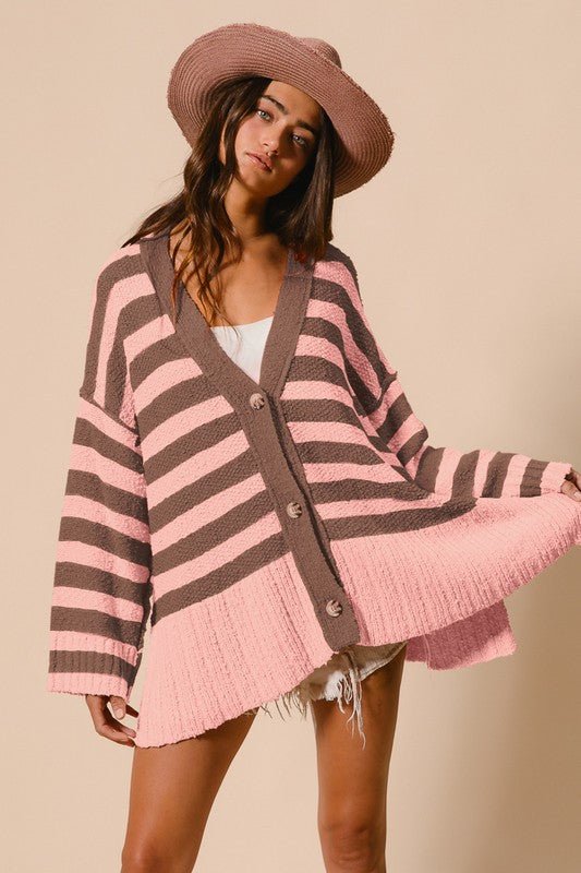 BiBi - Blush Pink Striped Button Up Oversized Cardigan