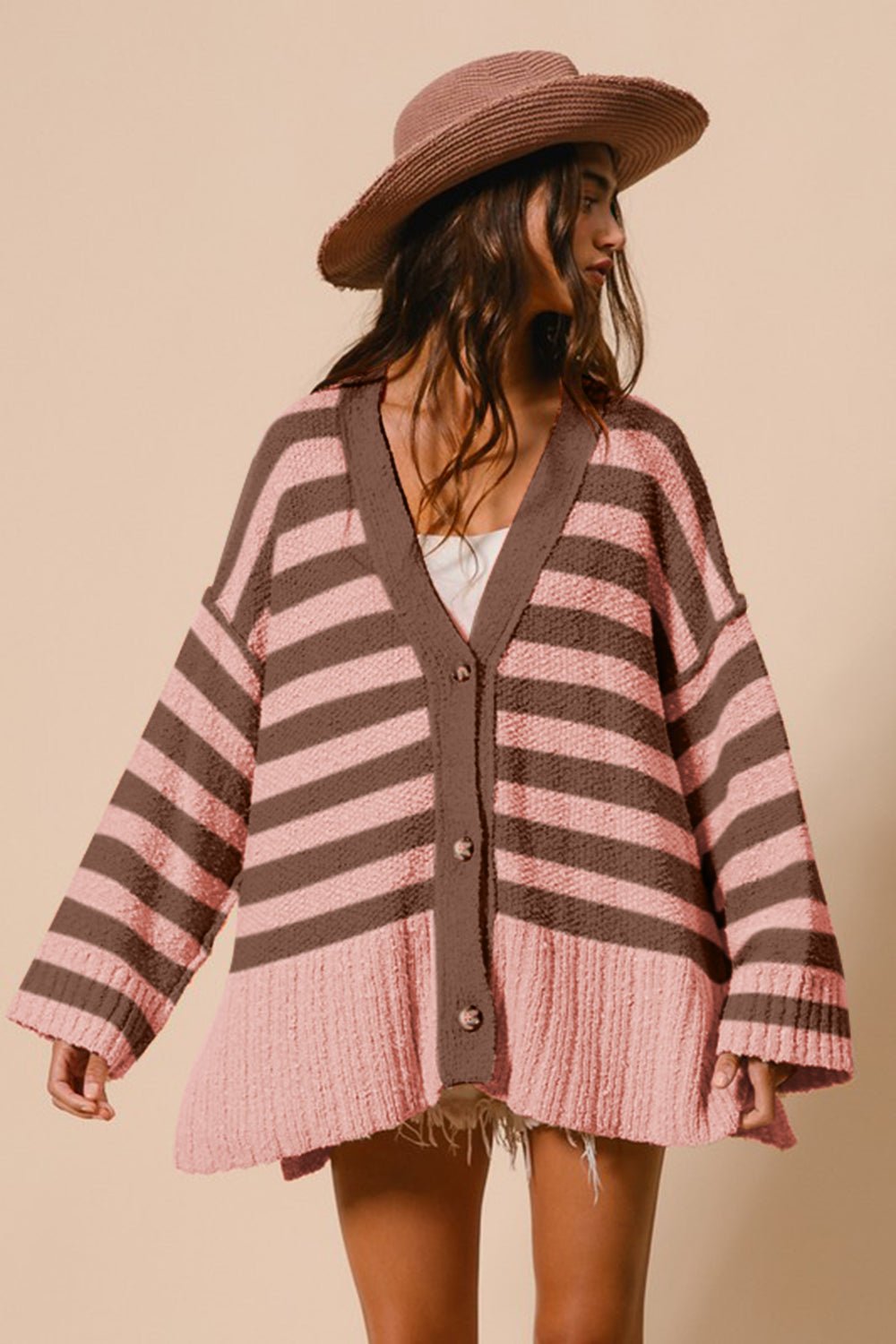 BiBi - Blush Pink Striped Button Up Oversized Cardigan