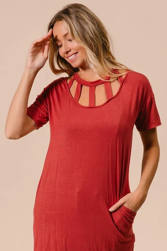 BiBi - Brick Red Cutout Neck Mini T-Shirt Dress