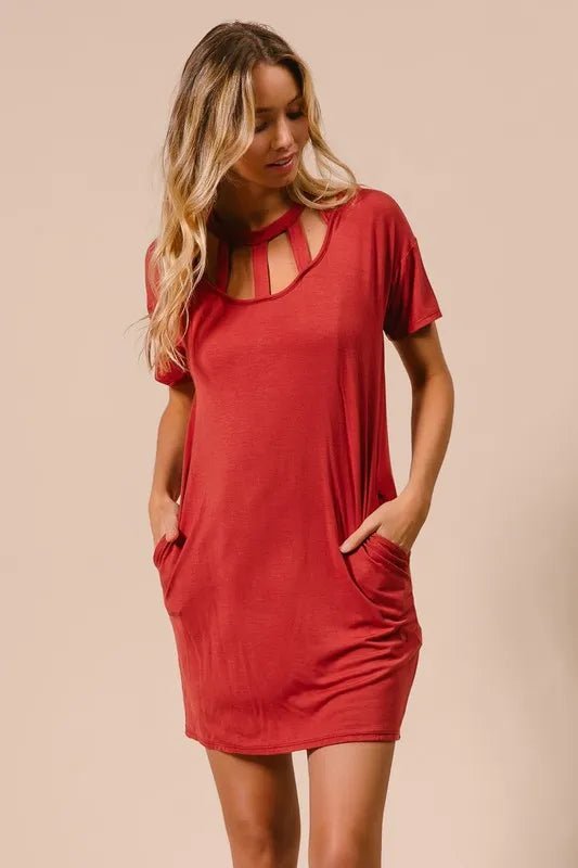 BiBi - Brick Red Cutout Neck Mini T-Shirt Dress