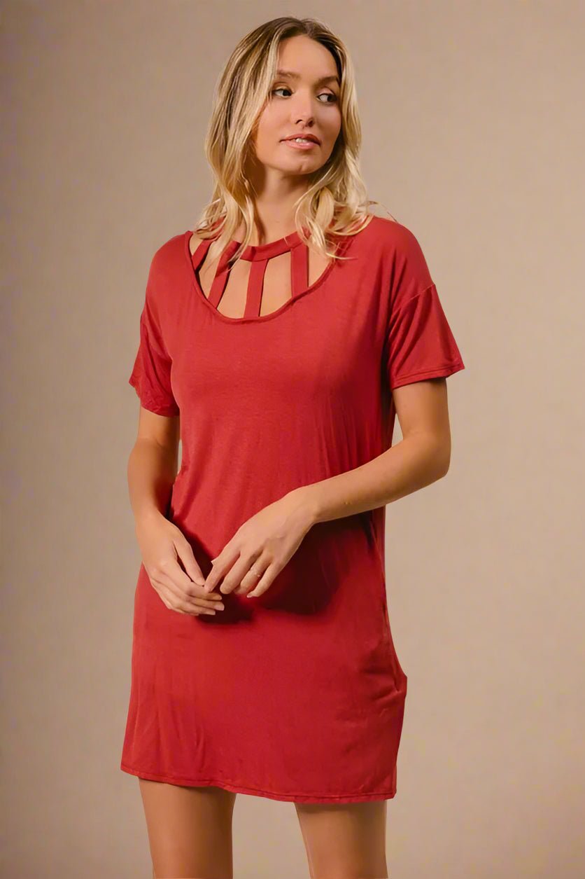 BiBi - Brick Red Cutout Neck Mini T-Shirt Dress