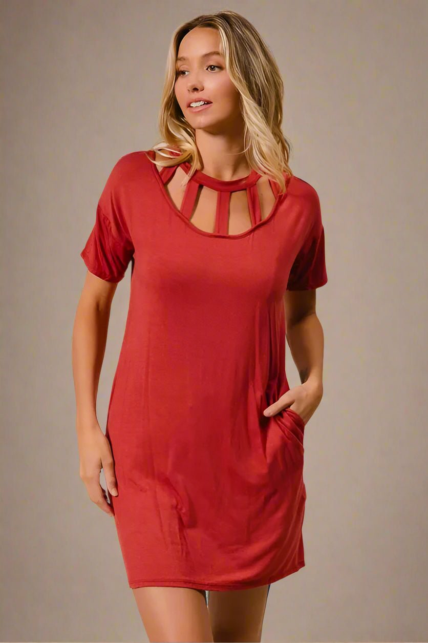 BiBi - Brick Red Cutout Neck Mini T-Shirt Dress