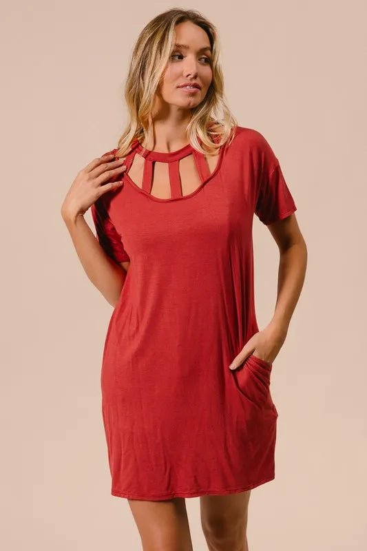 BiBi - Brick Red Cutout Neck Mini T-Shirt Dress