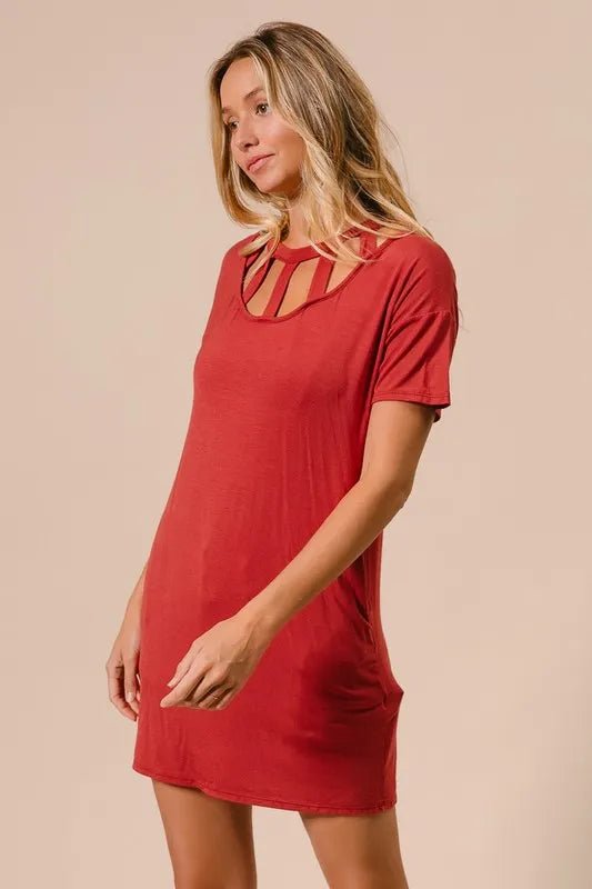 BiBi - Brick Red Cutout Neck Mini T-Shirt Dress