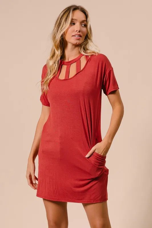 BiBi - Brick Red Cutout Neck Mini T-Shirt Dress