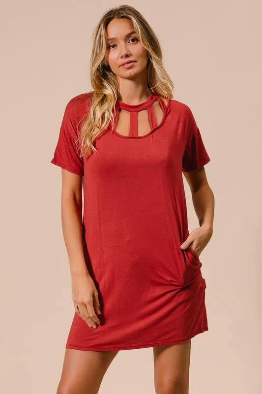 BiBi - Brick Red Cutout Neck Mini T-Shirt Dress