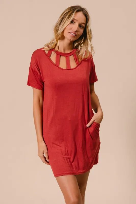 BiBi - Brick Red Cutout Neck Mini T-Shirt Dress