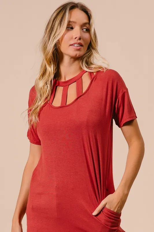 BiBi - Brick Red Cutout Neck Mini T-Shirt Dress