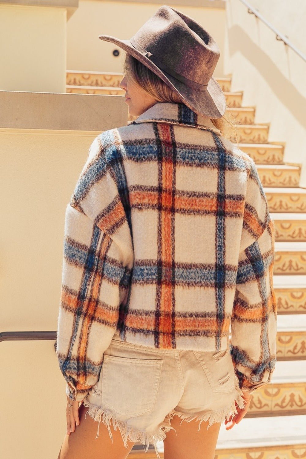 BiBi - Brushed Multicolor Plaid Crop Jacket in Ivory