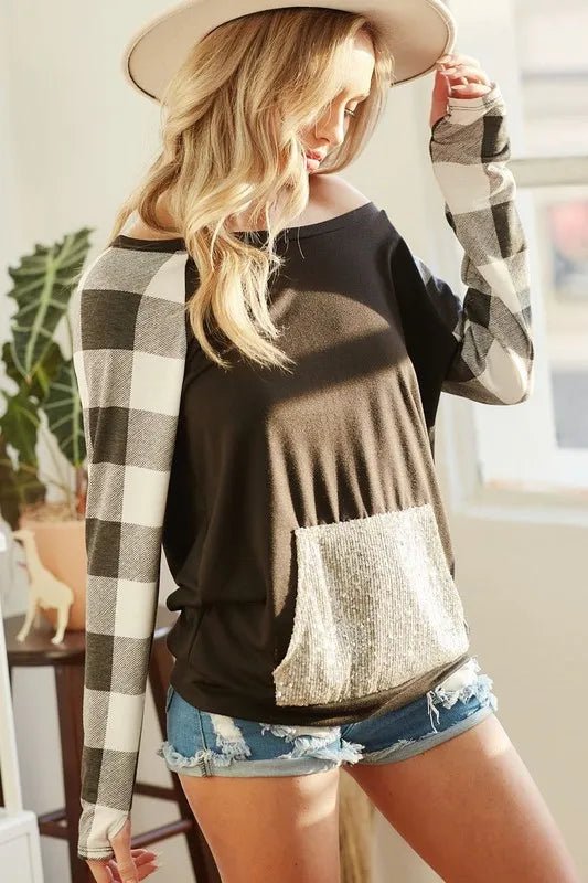 BiBi - Buffalo Plaid Sleeve Sweatshirt – Black with Gold Sequin Pocket